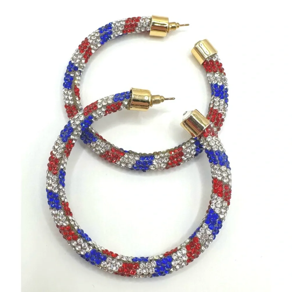Blue/Red/White Pave Rhinestone Hoop Earrings, NEW